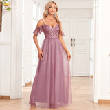 Plataz Women Elegant Off The Shoulder Strap Sleeve Double V Neck Tulle Stitching Embroidered Sequ A Swing Long Party Evening HZ1007