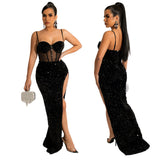 Plataz Spaghetti Straps Chest Wrap Maxi Dress Sequined Lining Sexy Evening Dress Dress with Chest HZ1007