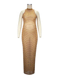 Plataz Gold Rhinestone Mesh Sleeveless Backless Photoshoot Bodycon Evening Plus Size Maternity Maxi Dress Maternity
