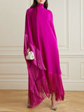 Plataz Sleeves Loose Solid Color Split-Joint Tasseled High Neck Evening Dresses Maxi HZ1007