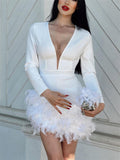 Plataz Deep V Neck Mini Dress For Women Feathers Patchwork Sexy Bodycon Dresses Ladies Slim Solid Party Prom Dress Woman HZ1007