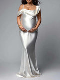 Plataz White One Off Shoulder Silk Satin Backless Mermaid Photoshoot Evening Gown Baby Shower Maternity Maxi Dress Maternity
