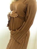 Plataz Brown Pleated Ruffle Belted Elegant Photoshoot Baby Shower Maternity Maxi Dress Maternity