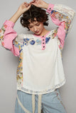 Plataz Button Detail Floral Patchwork Crochet Sleeve Blouse DJPT