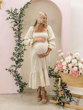 Plataz Ruffle Ruched High Waist Puff Sleeve Cute Photoshoot Maternity Maxi Dress Maternity
