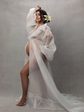 Plataz White Ruffle Open Slit Lantern Sleeve Elegant Photoshoot Maternity Maxi Dress Maternity