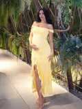 Plataz Off Shoulder Ruched Ruffle Falbala Side Slit Elegant Cocktail Gown Maternity Baby Shower Maxi Dress Maternity