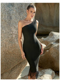 Plataz One Piece Dress Lace Trim Ladies Sexy Sleeveless One Shoulder Elegant Evening Dress Bandage HZ1007