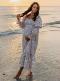 Plataz Ruffle Ruched High Waist Puff Sleeve Cute Photoshoot Maternity Maxi Dress Maternity