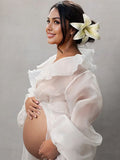 Plataz White Ruffle Open Slit Lantern Sleeve Elegant Photoshoot Maternity Maxi Dress Maternity