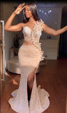 Gorgeous Strapless Prom Dress Glittering Beaded Evening Gown High Slit Party Dress Trailing Long Formal Dress HZ1024