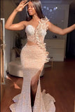 Gorgeous Strapless Prom Dress Glittering Beaded Evening Gown High Slit Party Dress Trailing Long Formal Dress HZ1024