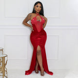 Plataz up Halterneck High Slit Solid Color Rhinestone Dress Sexy Evening Dress with Mesh HZ1007