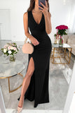 Plataz Elegant Solid Slit Fold V Neck Evening Dress Dresses(4 HZ1007