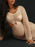 Plataz Apricot Knit Coverup Dress Mesh Bodycon Beach Hollow Out Midi Crochet Maternity Cut Out Dress Maternity