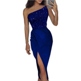 Plataz Women Clothing Solid Color Sexy Sequin Split Maxi Dress Elegant One Shoulder Evening Dress ¨C Best for Special HZ1007