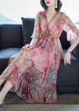 Plataz Pink V Neck Print Chiffon Long Dresses HZ1007