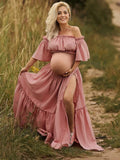 Plataz Boho Solid Color Off Shoulder Backless Linen Cotton Ruffle 2-in-1 Crop Cap Sleeve Side Slit Photoshoot Maternity Maxi Dress Maternity