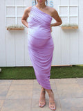 Plataz Lavender One Shoulder Ruched Shirred Bodycon Baby Shower Maternity Midi Dress Maternity