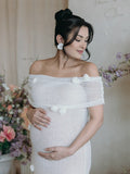 Plataz White Off Shoulder 3D Flowers Grenadine Sheer Bodycon Elegant Beach Photoshoot Baby Shower Maternity Maxi Dress Maternity