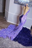Gorgeous Purple Halter-neck Prom Dress Glittering Beaded Evening Gown Mermaid Party Dress Long Formal Dress HZ1024