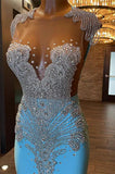 Vintage Glittering Beaded Prom Dress Sky Blue Evening Gown Mermaid Party Dress Long Formal Dress HZ1024