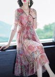 Plataz Pink V Neck Print Chiffon Long Dresses HZ1007