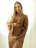 Plataz Brown Pleated Ruffle Belted Elegant Photoshoot Baby Shower Maternity Maxi Dress Maternity