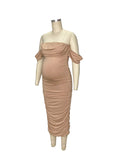 Plataz Khaki Ruched Off Shoulder Belly Friendly Baby Shower Club Party Tube Bodycon Maternity Midi Dress Maternity