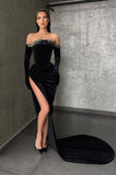 Vintage Black Sheath Velvet Prom Dress Off-the-shoulder Evening Gown High Slit Party Dress Long Formal Dress HZ1024