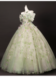 Elegant Light Green Tulle Floral Sweet 16 Quinceanera A-Line Off-the-shoulder Evening Dress Long Ball Gown HZ1024