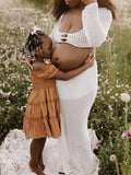Plataz White 2 Piece Crochet Mesh Backless Flare Sleeve Bodycon Vacation Beach Photoshoot Baby Shower Maternity Maxi Dress Maternity