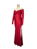 Plataz Off Shoulder Long Sleeve Slit Bodycon Solid Baby Shower Party Evening Gown Maternity Maxi Dress Maternity