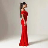 Plataz Shoulder Ruched Slit Satin Maxi Prom HZ1007