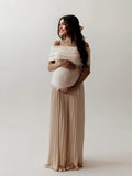 Plataz Apricot Off Shoulder Ruched Pleated Big Swing Maternity Baby Shower Maxi Dress Maternity