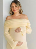 Plataz Yellow Knit Off Shoulder Flare Sleeve Mermaid Bodycon Elegant Vacation Photoshoot Baby Shower Maternity Maxi Dress Maternity