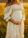 Plataz Ruffle Ruched High Waist Puff Sleeve Cute Photoshoot Maternity Maxi Dress Maternity