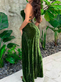 Plataz Up Green Velvet Strap Maxi Dress For Women Side Slit Backless Bodycon Sexy Prom Dress Outfit Elegant Birthday HZ1007