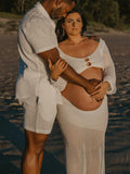 Plataz White 2 Piece Crochet Mesh Backless Flare Sleeve Bodycon Vacation Beach Photoshoot Baby Shower Maternity Maxi Dress Maternity