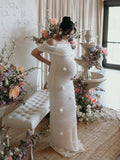 Plataz White Off Shoulder 3D Flowers Grenadine Sheer Bodycon Elegant Beach Photoshoot Baby Shower Maternity Maxi Dress Maternity