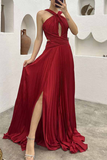 Plataz Solid Fold Halter Evening Dress HZ1007