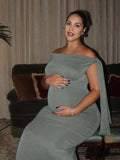 Plataz Grey Asymmetric Shoulder Knotted One Shoulder Sleeveless Bodycon Elegant Cocktail Party Maternity Photoshoot Baby Shower Maxi Dress Maternity