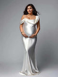 Plataz White One Off Shoulder Silk Satin Backless Mermaid Photoshoot Evening Gown Baby Shower Maternity Maxi Dress Maternity