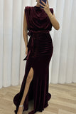 Plataz Elegant Solid Slit Asymmetrical O Neck Evening Dress HZ1007