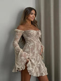 Plataz White Lace Off Shoulder Bow Drawstring Ruffle Flare Sleeve Elegant Baby Shower Maternity Mini Dress Maternity