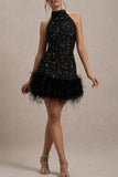 Plataz Party Sequins Zipper Feather Hemline Halter Evening HZ1007