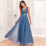 Plataz Stretch Waist Sleeveless V Neck Evening Dress with Tulle Embroidery ¨C Elegant, Long, and Swingy Party HZ1007