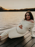 Plataz Yellow Knit Off Shoulder Flare Sleeve Mermaid Bodycon Elegant Vacation Photoshoot Baby Shower Maternity Maxi Dress Maternity