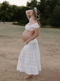Plataz White 2-in-1 Lace Cut Out Off Shoulder Tie Elegant Flowy Vacation Photoshoot Maternity Maxi Dress Maternity