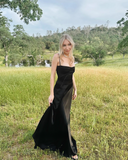 Chic Black Satin Lace-up Sheath Evening Gown Spaghetti Strap Party Dress Long Formal Dress HZ1024
